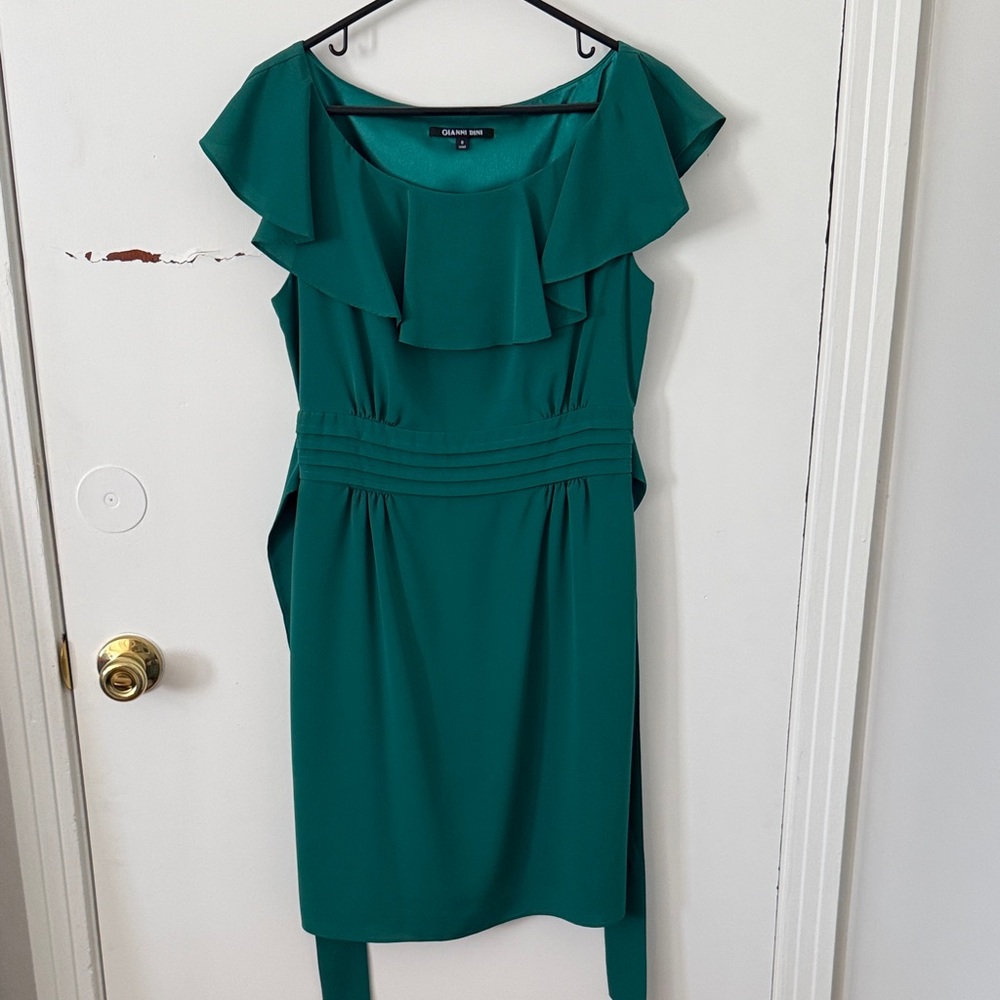 Kelly green midi dress with ruffle neckline